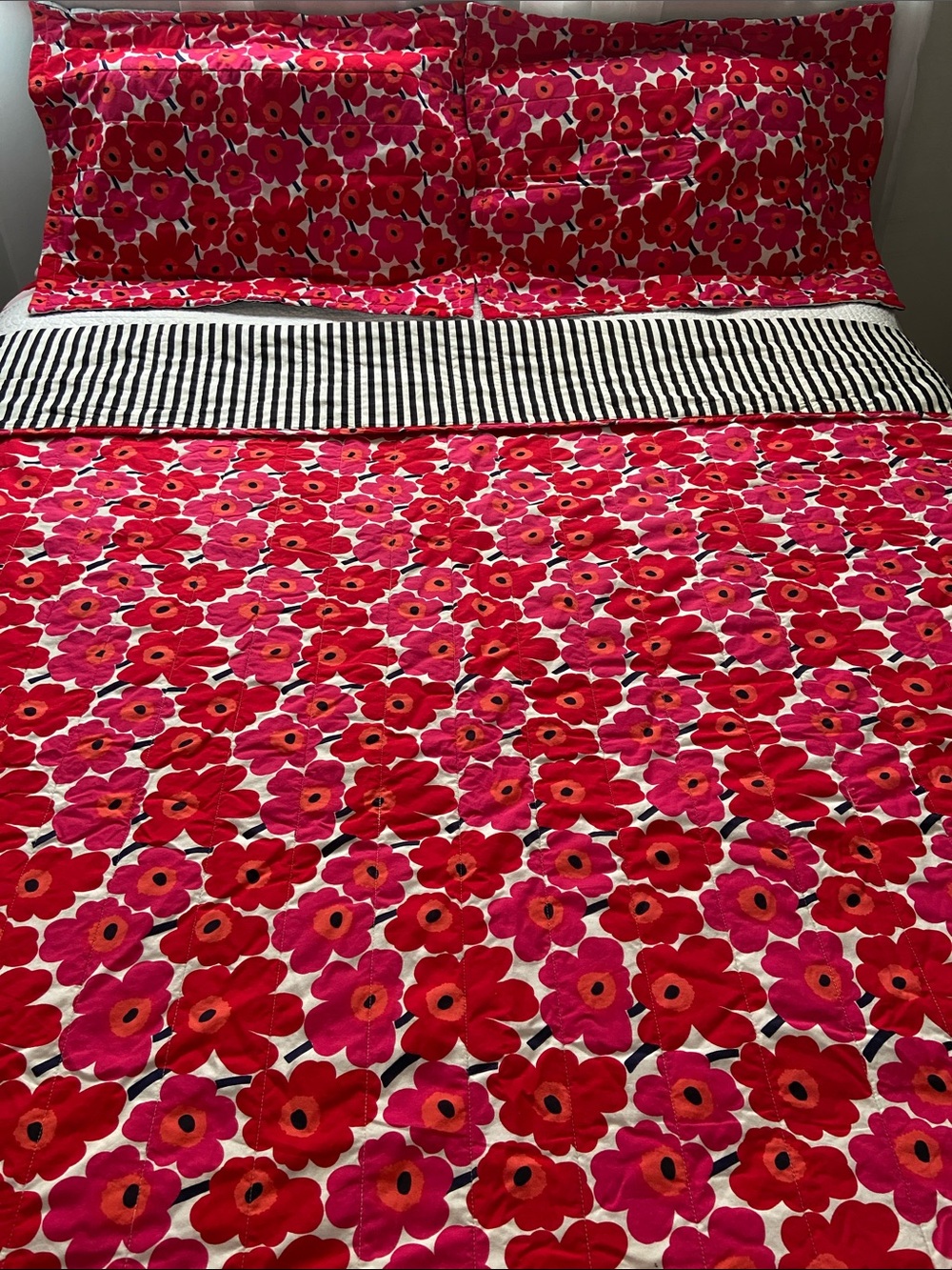 Marimekko Mini Unikko Floral Set Comforter And 2 Shams Red Pink Queen - Picture 12 of 14